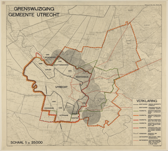 217389 Topografische kaart van de gemeente Utrecht en omliggende gemeenten waarop in kleuren zijn aangegeven de ...